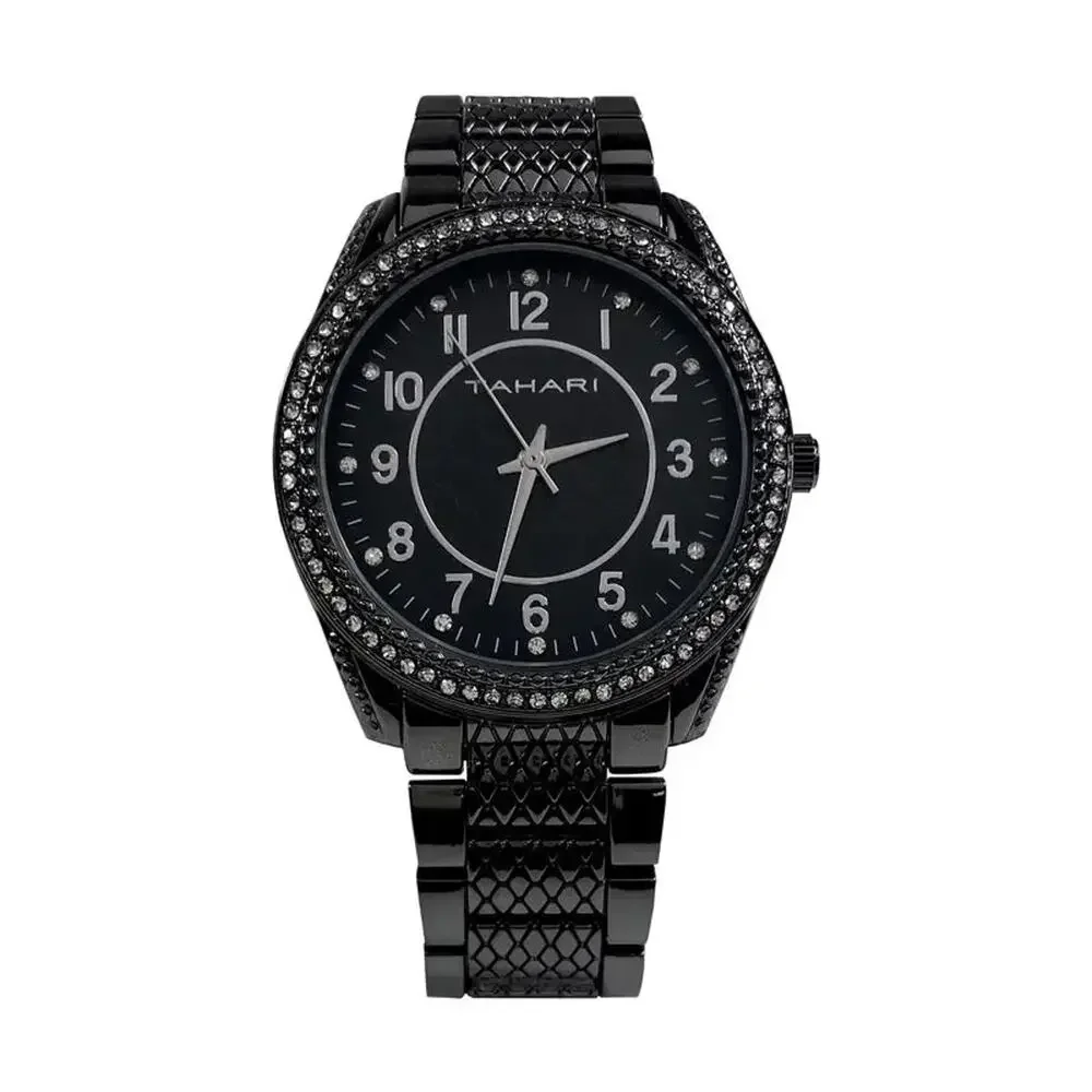 Tahari Crystal Bezel Black Dial Silver Watch